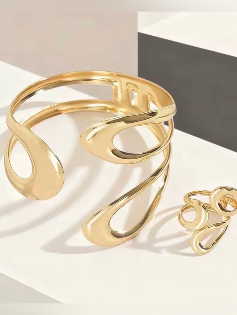 Zara Gold Open Sculptural Cuff Bracelet and Matching Ring Set - Picture 4 of 4